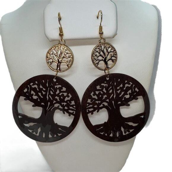 NWT Brown Wood Gold-Tone Tree of Life Laser Cut-Out Dangle Earrings - Picture 1 of 6